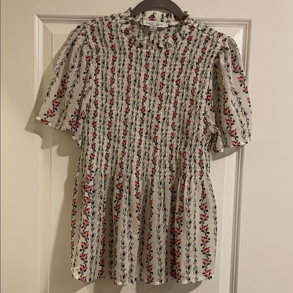 Sweet Rain White and Red Floral Smocked Blouse